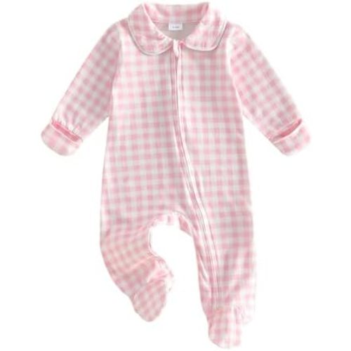 Seyurigaoka Newborn Baby Boy Girl Clothes Gingham Plaid Footed Jumpsuit Lapel Zipper Romper Cute Going Home Outfit
