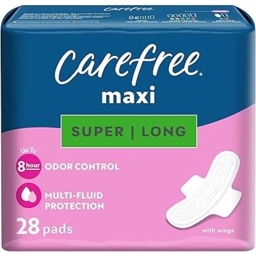 Carefree Maxi Pads for Women, Super/Long Pads with Wings, 28ct | Carefree Pads, Feminine Care, Period Pads & Postpartum Pads | 28ct (Pack of 1)