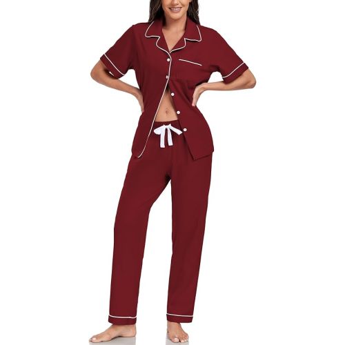 EA'S SECRET Womens 100% Cotton Pajama Sets Short Sleeve Shirt and Pajama Pants Soft Sleepwear Button Down Pjs for Women