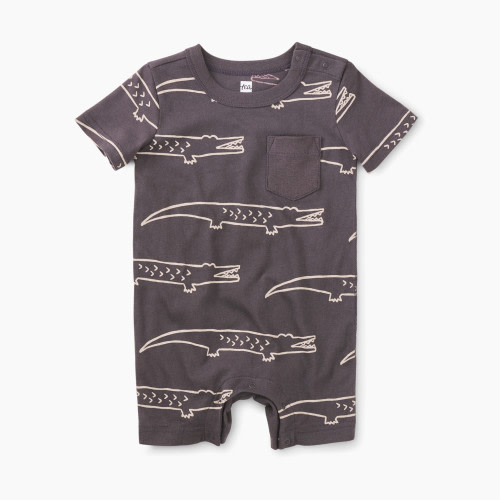 Tea Collection Pocket Shortie Baby Romper - Nile Crocodile, 3-6 M
