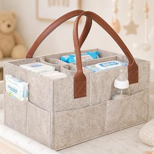 Unisex Diaper Caddy Organizer, Portable Lightweight Travel Storage Basket, Outdoor Carry Design for Newborn, Nursery & Changing Table Essentials- Khaki