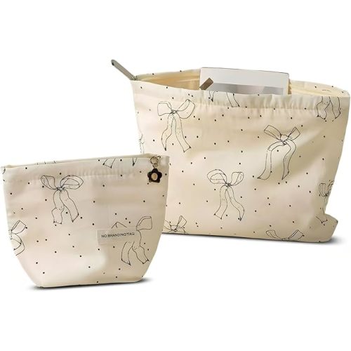 HAPPYHEIDI Makeup Bag Set,Cute Organizing Pouch, Cotton, Beige Bow Pattern, Zipper Closure, Large 10.2x7.8 Inches, Small 6.5x6.5 Inches, Lightweight