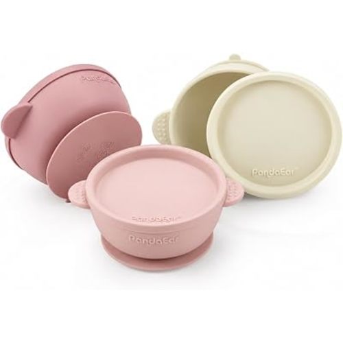PandaEar 3 Pack Baby Bowls with Suction| Leak-Proof Stay Put Silicone Food Bowl with Lids for Babies Kids Toddlers Infants| Food Grade Soft Safe BPA-Free Silicone (Pink Rose Linen)