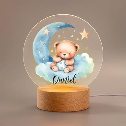 Personalized Bear Night Light - Custom Name, Cute Acrylic LED Light Lamp with Wooden Base for Bedroom Decor, Gifts for Kids Girls Boys