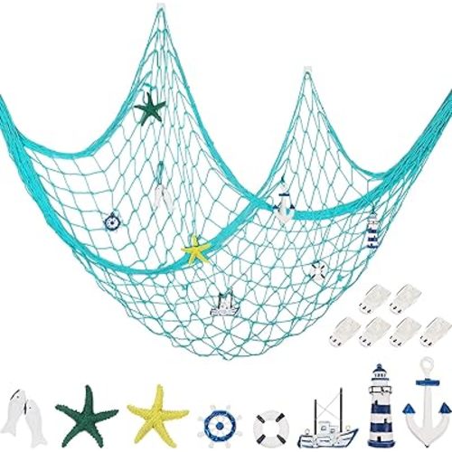 Decorative Fishnet Nautical Fishing Net Wall Hanging Decor, 8 Pieces Starfish, Sailboat, Lighthouse, Life Ring, Rudder, Anchor with Transparent Hook for Mermaid Mediterranean Party (Light Blue)