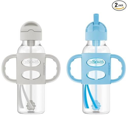 Dr. Brown's Milestones Narrow Sippy Straw Bottle, Spill-Proof with 100% Silicone Handles and Weighted Straw, 8 oz/250 mL, Blue/Gray, 6m+