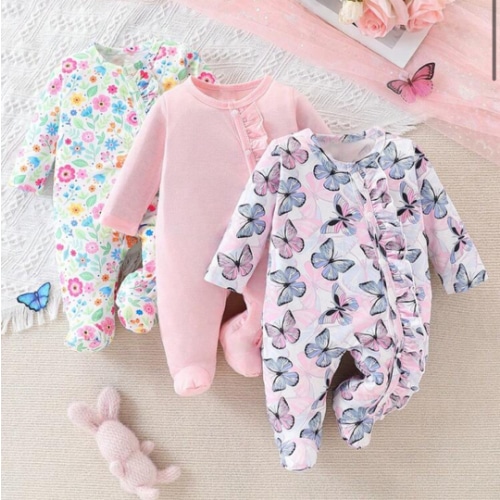 3pcs/Set Newborn Adorable Ditsy Floral Butterfly Print Soft & Comfortable Long Sleeve Jumpsuit | SHEIN USA