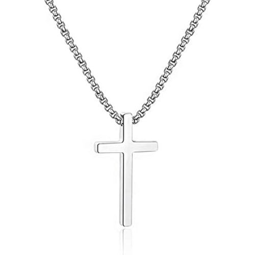 M MOOHAM Cross Necklace for Men Teen Boys, Silver Black Gold Stainless Steel Plain Cross Pendant Necklace Box Chain 16-30 Inch