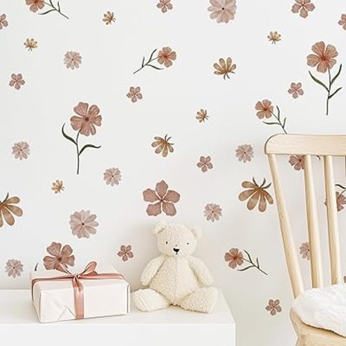 Boho Flower Wall Decals,Watercolor Wildflower Wall Art,Girls Bedroom Removable Flower Decals，Nursery Kids Room Decor Vinyl Murals DIY Cute Decorations (Pinkish Brown Wildflower Wall Stickers)