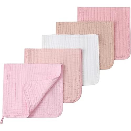 Muslin Burp Cloths 5 Pack Large 20x12 inches Baby Burping Cloths, 6-Layer 100% Cotton for Newborn Boys Girls, Ultra Soft & Absorbent (White & Pink)