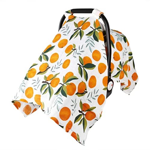 Baby Car Seat Cover Infant Carseat Canopy, Metplus Cotton Muslin Carrier Covers, Summer Stroller Canopie - Extra Wide Universal Fit, Lightweight Breathable Soft for Newborn Boy Girl (Oranges)