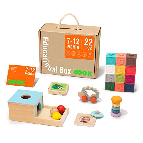 TOOKYLAND Montessori Toys for Babies 6-12 Months, 7 in 1 Learning Educational Set Wooden Toys (Includes Baby Rattle,Object Permanence Box, Wooden Book, Teething Toys and More)