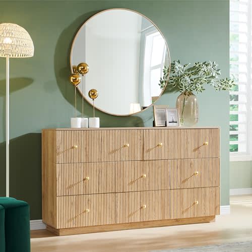 wow97e Fluted Dresser for Bedroom, 55" W 8 Drawer Dressers, Wood Tall Dresser Storage Organizer, Modern Bedroom Chest of Drawers with Deep Storage for Closet Hallway, Entryway, Living Room Natural