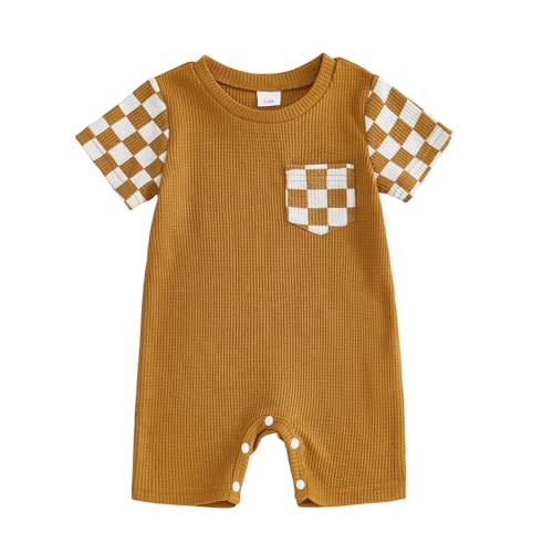 Newborn Baby Boy Summer Outfit Romper Short Sleeve Plaid Print Patchwork Jumpsuits Cute Infant Waffle Clothes