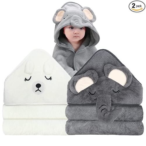 2 Pack Hooded Baby Towels - Premium Ultra Soft Organic Baby Bath Towel – Absorbent and Hypoallergenic Towels for Baby Boy Girl, Toddler, Newborn Essentials (Elephant & Bear)