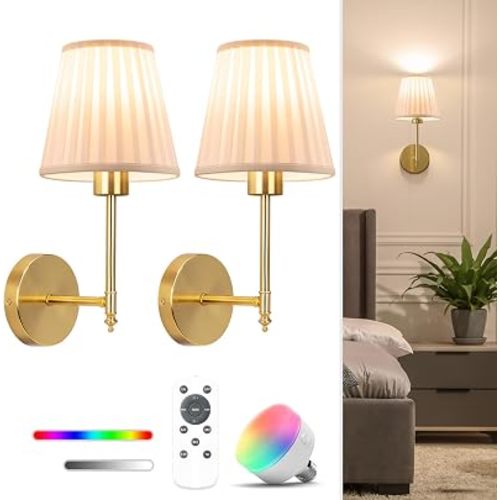 14.5 inch Battery Operated Wall Sconce Set of 2,Beige Gold Rechargeable Wall Lights with 10400mAh Dimmable Bulbs and Remote,10 Colors Wireless Wall Lamps for Bedroom Living Room
