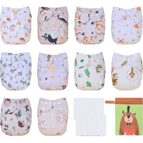 TDIAPERS Cloth Diaper Covers Reusable Washable Pocket Diapers One Size Adjustable for Baby 10 Pack with 10 Pcs Microfiber Inserts, 1 Wet Bag