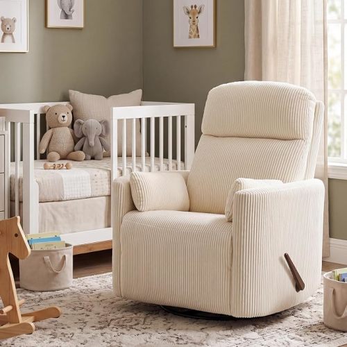Oversized Swivel Rocker Recliner with Heat and Massage, Rocking Chair with Adjustable Headrest, Manual Rocker Recliner Chair, Glider Recliner Chair with 2 Pillows, Chenille Light Grey