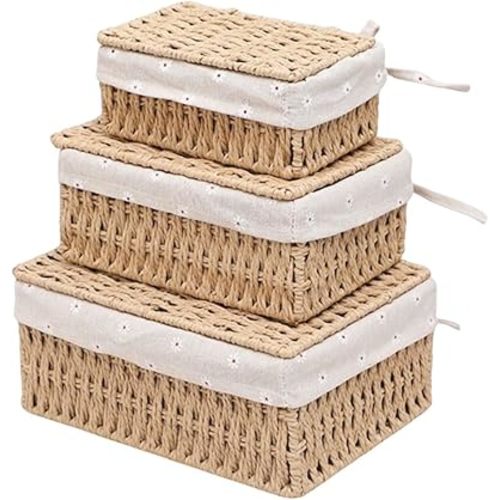 Paper Rope Storage Baskets for Shelves Wicker Storage Baskets Set of 3 Storage Bins with Lid and Removable Liner Makeup Bathroom Closet Drawer Desk Organizer Shelf Baskets (Khaki)