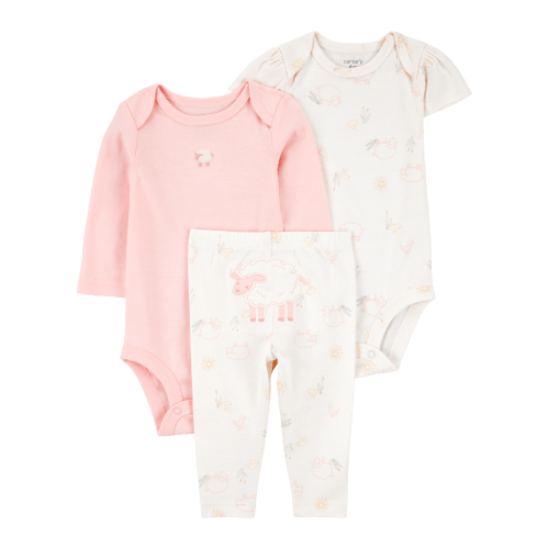 Baby Girl 3-Piece Floral Sheep Bodysuits & Pant Set - Pink/Ivory | Carter's
