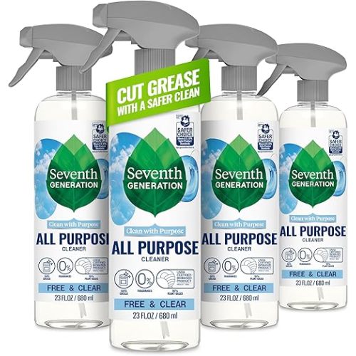 Seventh Generation All Purpose Cleaner, Free & Clear, 23 oz, Pack of 4, Plant-Based Cleaning Spray, Cuts Grease & Grime, No Fragrance or VOCs, Safe for Kids & Pets, Works on Glass, Sealed Wood & More