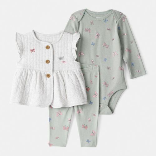 Baby Girl 3-Piece Butterfly Vest Outfit Set - Green | Carter’s Oshkosh Canada
