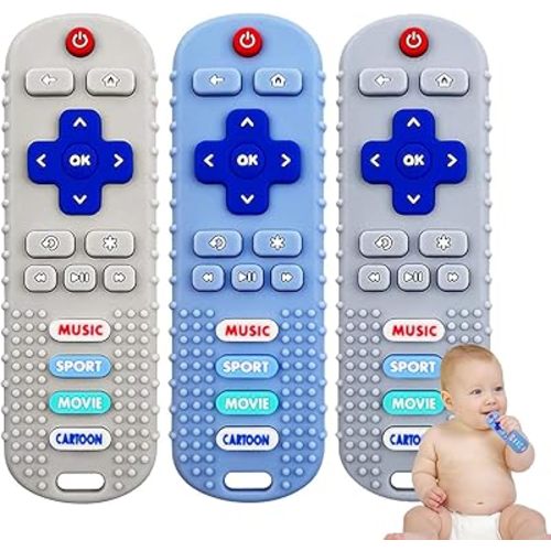 3 Pack Remote Control Shape Silicone Teethers for Babies Chew Toys, Teething Toys for Infant Toddlers,Baby Remote Control Toy (Blue&Grey&Beige)