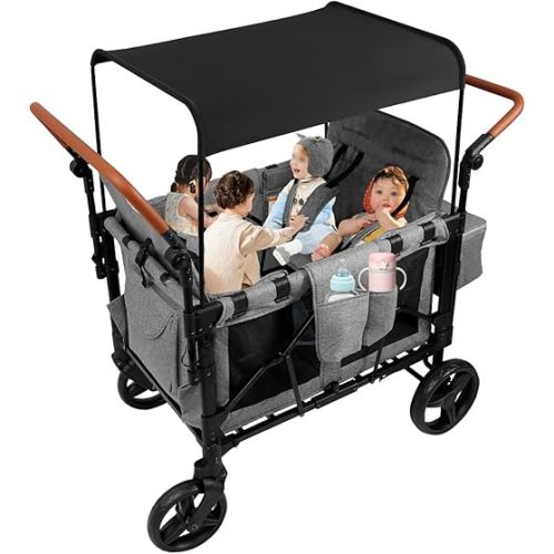 4 Kids Wagon Stroller, All Terrain Wagon Cart with Removable Canopy Double Push Bar Foldable Kids Stroller with Portable Adjustable seat Travel Stroller for Garden Camping Grocery Cart