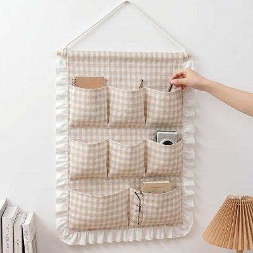Amyhill Gingham Wall Hanging Organizer with Pocket Ruffled,Beige