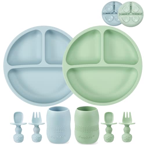 PandaEar Silicone Baby Feeding Set| 2 Pack Silicone Divided Suction Plate and 2 Pack Tiny Cup with 2 Spoons 2 Forks| Baby Led Weaning Supplies Self Feeding Eating Utensils (Blue/Green)