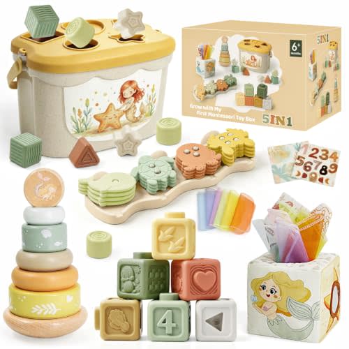 Baby Toys for 6-12 Months, Montessori Toys for 6 Month Old Gift Set | Shape Sorter, Stacking Toys, Baby Blocks, Baby Toys for 6 Months+, Educational Fine Motor Skills, Neutral Baby Birthday Gifts