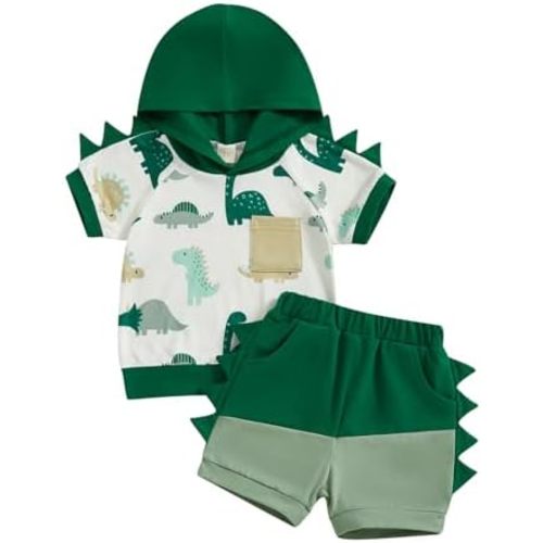 Toddler Baby Boy Hooded Summer Clothes Dinosaur Short Sleeve Color Block Shorts Set Cute Infant Summer Outfit
