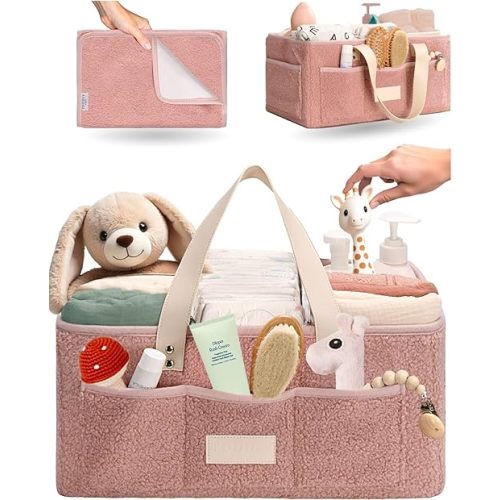 Baby Diaper Caddy Organizer with Portable Changing Mat - Teddy Fleece Diaper Organizer for Changing Table - Basket for Changing Essentials - Baby Essentials Organizer with Removable Dividers