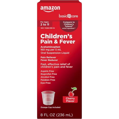 Amazon Basic Care Children's Pain and Fever, Acetaminophen 160 mg per 5 mL Oral Suspension, Dye-Free Cherry Flavor, Fever Reducer and Pain Reliever for Headache, Sore Throat and Toothache, 8 fl oz