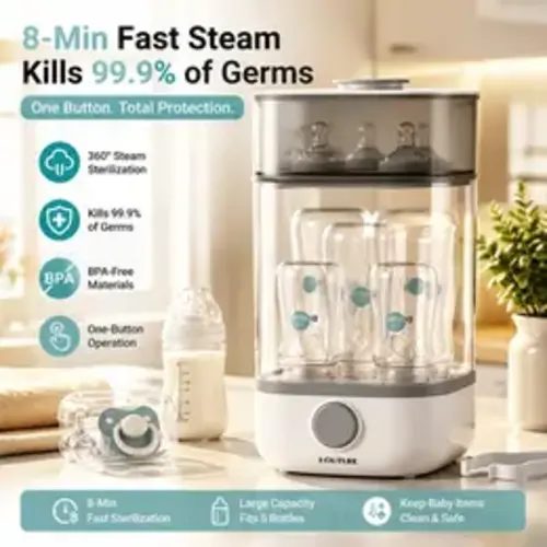 Baby Bottle Sterilizer – 8 Min Fast Steam, 99.9% Germ Kill, One-Button Cleaning for Newborn Essentials | BPA Free, Must-Have for New Moms - TikTok Shop
