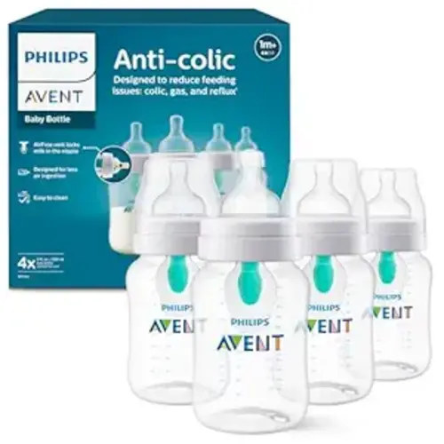 Philips Avent Anti-Colic Baby Bottle with AirFree Vent, 9oz, with Flow 2 Nipples, 1m+, 4pk, Clear, SCY703/04