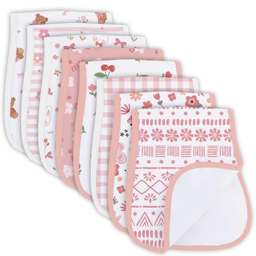 8 Pack Burp Cloths Organic Cotton, Pink Floral Baby Burp Cloths Girl, Absorbent Baby Burping Cloth, Soft Burping Cloth Set for Feeding, New Mom Gifts for Newborns Essentials Gift Set, 19”x9”