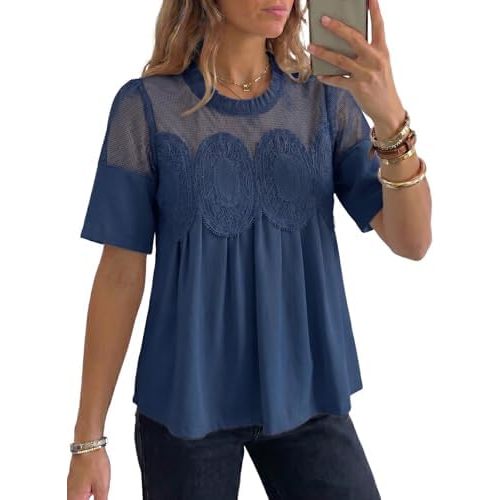 Dokotoo Women's Lace Blouse Flared Short Sleeve Embroidered Mesh Shirts