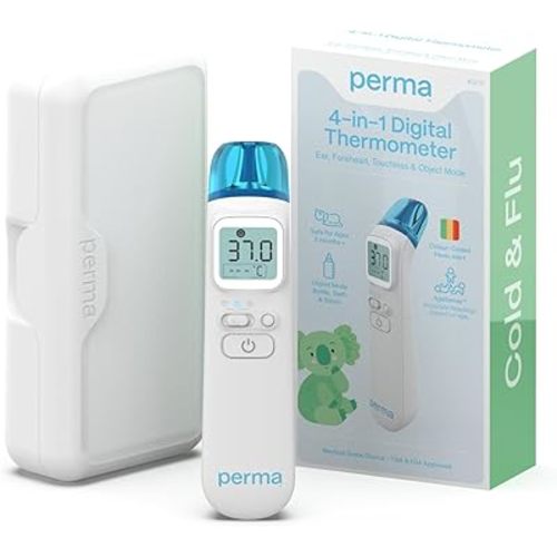 Perma 4-in-1 Baby Thermometer – Forehead, Ear, Touchless & Object Mode, 1-Second Reading, Fever Indicator, AgeSense, Memory Recall, for Newborns, Kids & Family