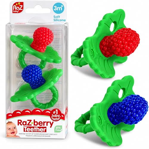 RaZbaby RaZberry Silicone Teether Pacifier – Teething Relief for Infants, Food-Grade, BPA-Free, Hands-Free, Natural Berrybumps Fruit Texture for Sensory Development, Freezable, 2-Pack - Red & Blue