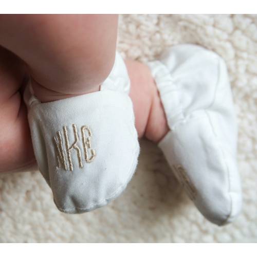 Monogrammed Infant Baptism Crib Shoes - White - Baby, Christening, Slippers, Godson, Goddaugther gift