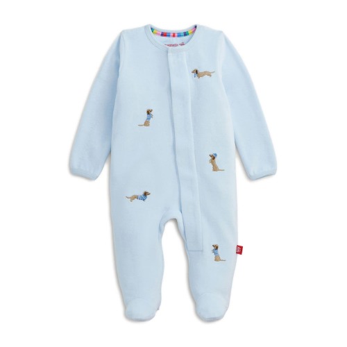 Embroidered Dogs Blue Velour Magnetic Closure Footie