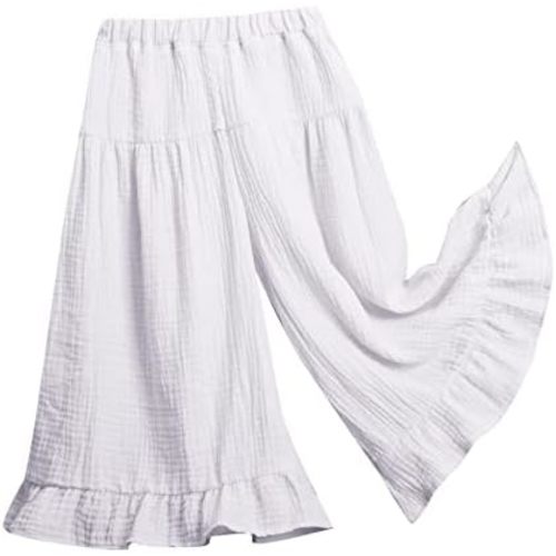 Little Girls Palazzo Pants Flowy Wide Leg Cotton Linen Pants Kids Toddler Baby Elastic Waist Loose Ruffled Trousers