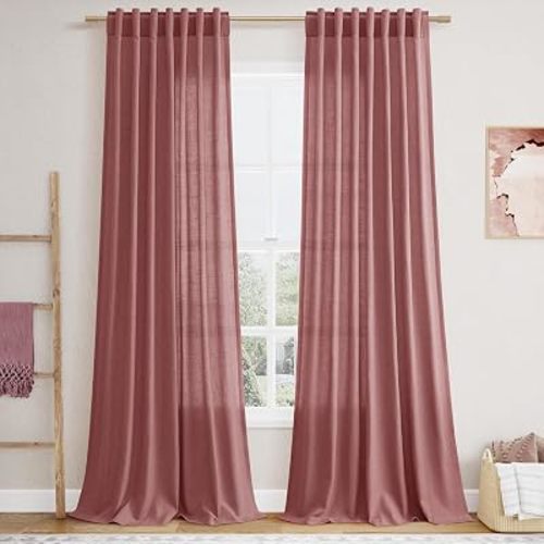 Canyon Rose Linen Curtains for Living Room 100 Inches Long Light Filtering Semi Sheer Curtain Back Tab Modern Farmhouse Decor Elegant Luxury Boho Girl Drapes for Bedroom Dinner Room 52x100, 2 Panels
