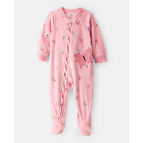 Baby Girl Butterfly & Floral Print Loose Fit Long-Sleeve 2-Way Zip 1-Piece Pajamas - Pink - Carter's | Carter's