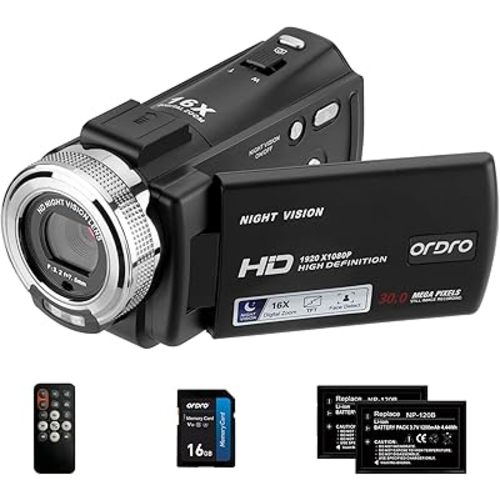 ORDRO V12 1080P Camcorder Night Vision with 16G Card 2 Batteries