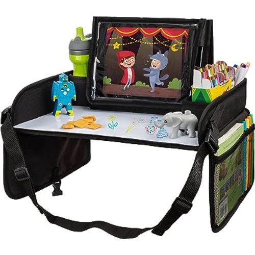 Lusso Gear Kids Travel Tray for Car - Road Trip Essentials for Kids - Car Seat Tray for Kids Travel - Toddler Travel Lap Desk and Organizer - Holds Snacks, Water Bottle, Toys (Black)