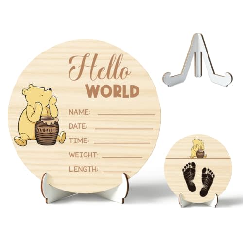 Winnie Baby Announcement Sign, Wooden Newborn Birth Sign, The Hello World Name Sign for Hospital, Gift for New Mom Baby Shower, Birth Name Plaque, Nursery Decor 2