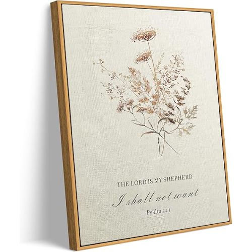 Framed Boho Floral Christian Canvas Wall Art Bible Verse Psalms 23:1 Painting Picture Wall Decor The Lord is My Shepherd Poster Print Artwork For Bedroom Living Room Bathroom Home Decoration