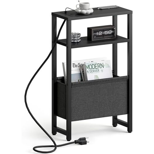 Narrow Side Table with Charging Station, Slim End Table with Magazine Rack, Bedside Table for Small Spaces, 3 Tier Sofa Couch Table Nightstand for Living Room, Bedroom, Black LET503BE